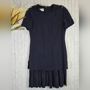 Vintage Tablots Petite Navy Polka Dot Dress | Size 8 | Lined | Ruffle Hem